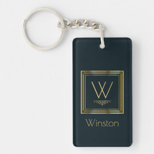 Custom Monogram Golden on Dark Blue Key Ring