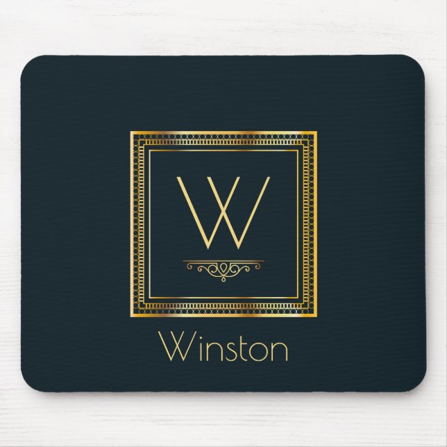 Custom Monogram Golden on Dark Blue Mouse Mat (Front)