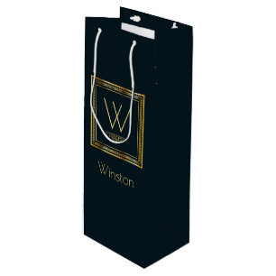 Custom Monogram Golden on Dark Blue Wine Gift Bag