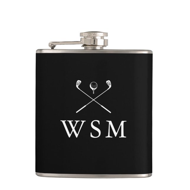 Custom Monogram Golf Clubs Black And White Hip Flask (Front)