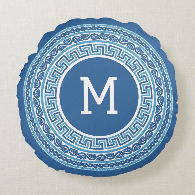 Custom Monogram Greek Pattern Round Cushion (Front)