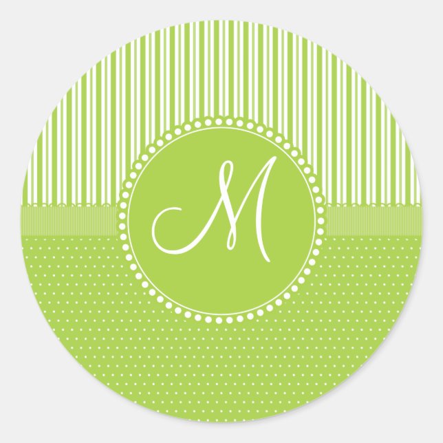 Custom Monogram Green Stripes Polka Dots Pattern Classic Round Sticker (Front)