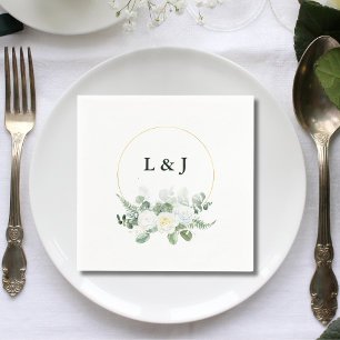 Custom Monogram Greenery Gold Initials Wedding Napkin