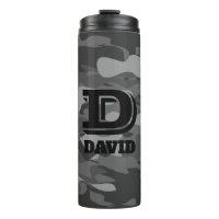 Custom monogram grey army camo thermal travel mug