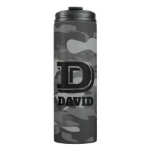 Custom monogram grey army camo thermal travel mug