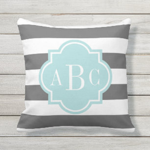 Custom monogram grey striped outdoor throw pillow