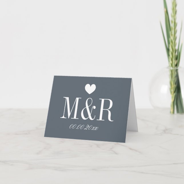 Custom monogram grey wedding note cards with heart (Front)