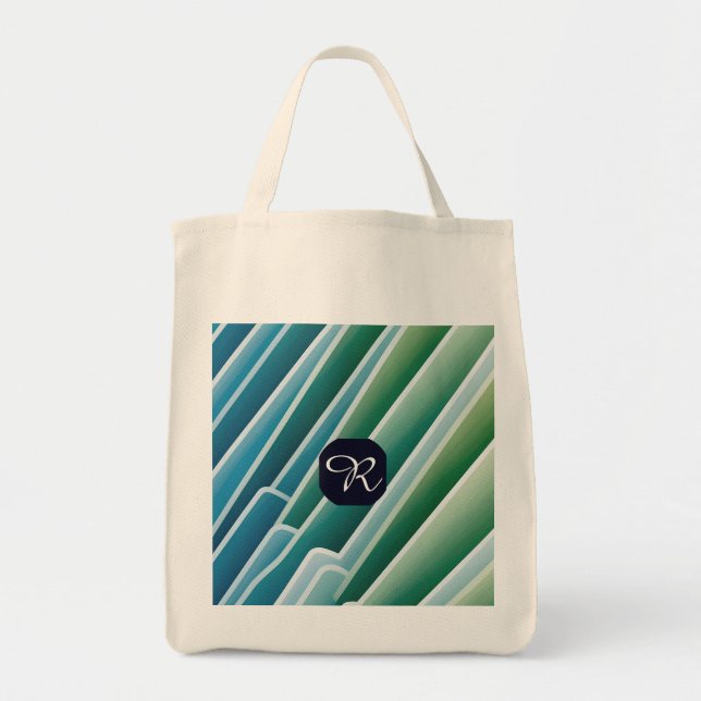 Custom Monogram Grocery Tote – Abstract Blue Green Bag (Front)