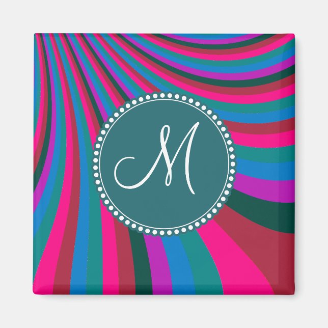 Custom Monogram Groovy Magenta Blue Stripes Magnet (Front)