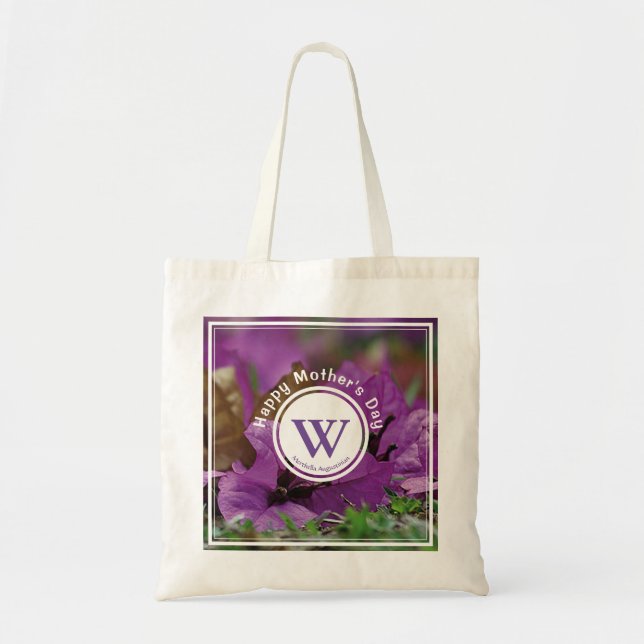 Custom Monogram HAPPY MOTHER'S DAY Purple Floral Tote Bag (Front)
