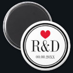 Custom monogram heart wedding party favour magnet<br><div class="desc">Custom monogram heart wedding party favour magnet. Round shape with red heart and personalised monogram name initial letters.  Cute personalised thank you token giveaway for guests. Includes date of marriage. Also great as save the date reminder.</div>