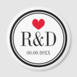 Custom monogram heart wedding party favour magnet<br><div class="desc">Custom monogram heart wedding party favour magnet. Round shape with red heart and personalised monogram name initial letters.  Cute personalised thank you token giveaway for guests. Includes date of marriage. Also great as save the date reminder.</div>