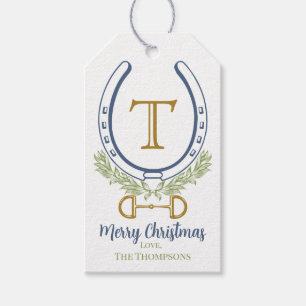 Custom Monogram Holiday Blue Horse Shoe  Gift Tags
