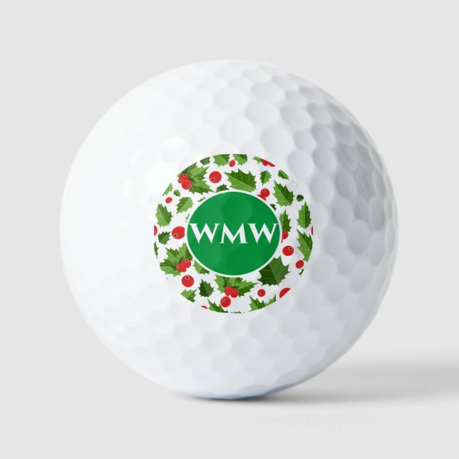 Custom Monogram Holly Leaves Golf Ball (Front)