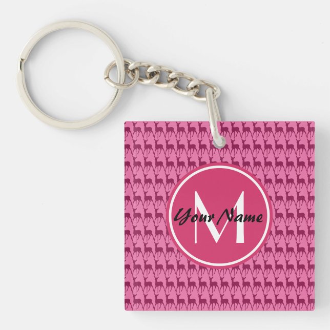 Custom Monogram Hot Pink Deer, Personalised Name Key Ring (Front)