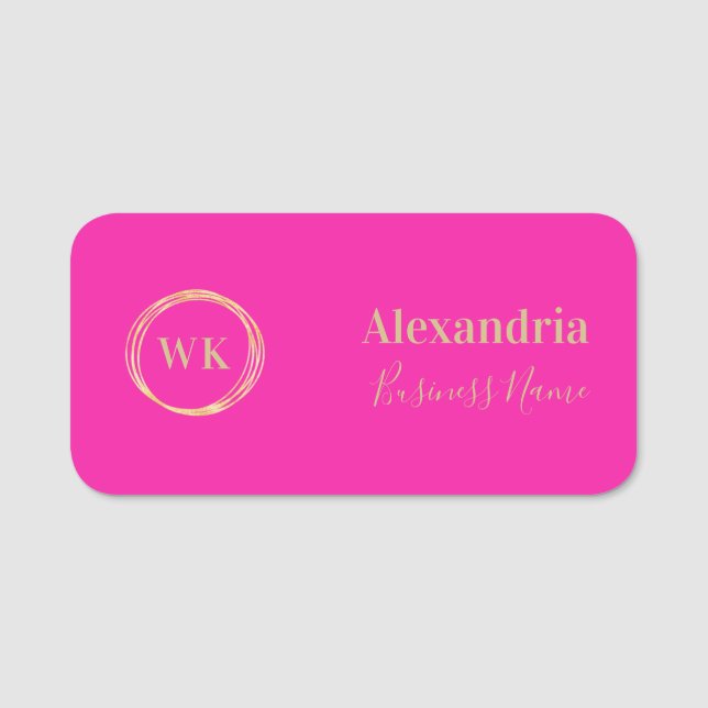 Custom Monogram Hot Pink Gold Employee Name Tag (Front)