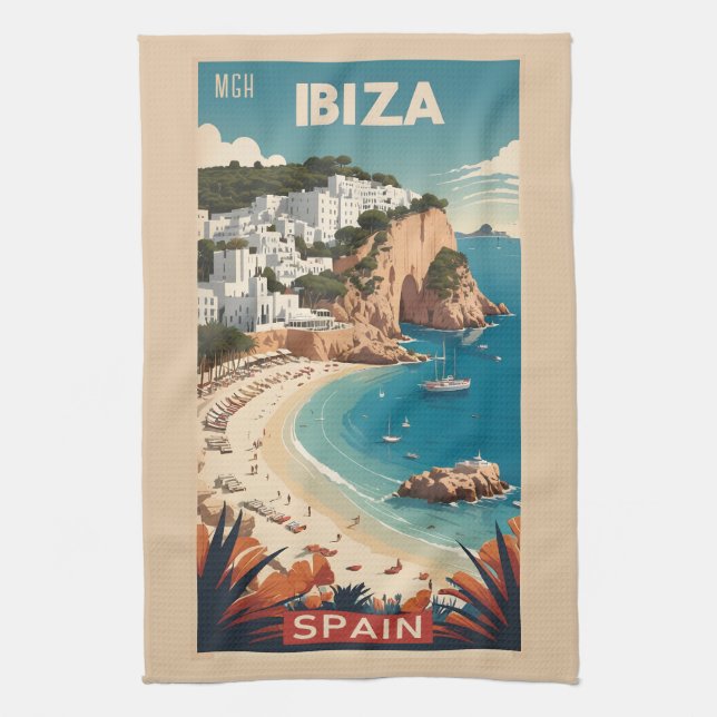 Custom Monogram Ibiza, Spain Travel Poster Tea Towel (Vertical)