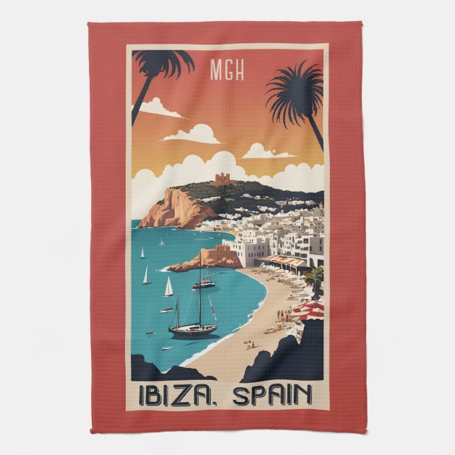 Custom Monogram Ibiza, Spain Travel Poster Tea Towel (Vertical)