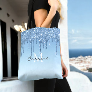 Custom Monogram Ice Blue Glitter Drips Metallic Tote Bag