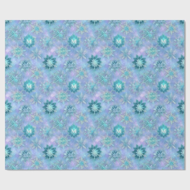 Custom Monogram Icy Blue & Teal Winter Snowflake  Wrapping Paper (Flat)
