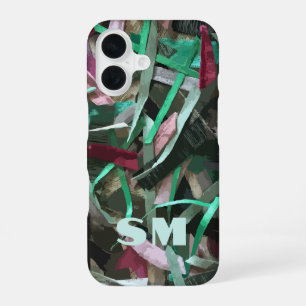 Custom Monogram Initial Abstract Stripes Green Red iPhone 16 Case
