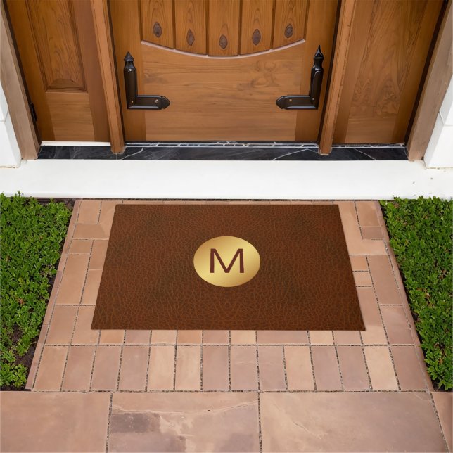 Custom Monogram Initial Faux Brown Leather & Gold Doormat (Outdoor)