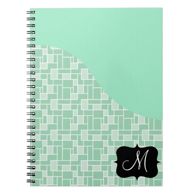 Custom Monogram Initial Mint Green Tile Pattern Notebook (Front)