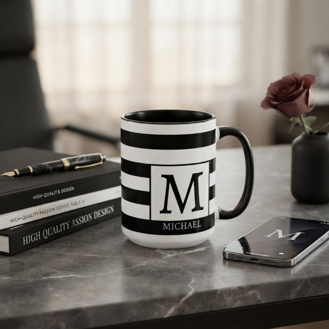 Custom Monogram Initial Name Black  White Stripes Mug (Creator Uploaded)