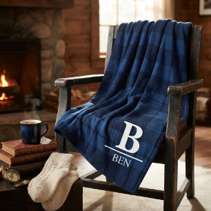 Custom Monogram Initial & Name Blue Buffalo Plaid Fleece Blanket