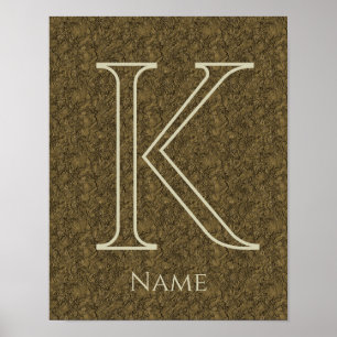 Custom Monogram Initial Name Brown Floral Leaf Poster
