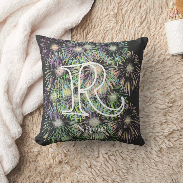 Custom Monogram Initial Name Colorful Fireworks   Cushion (Blanket)