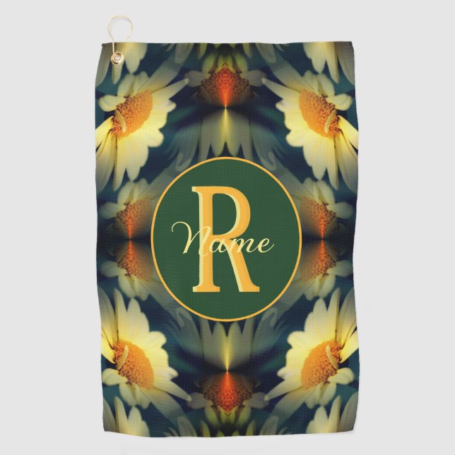 Custom Monogram Initial Name Daisy Floral Art Golf Towel (Front)