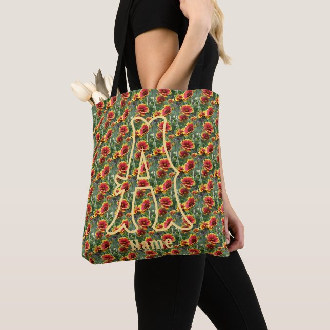 Custom Monogram Initial Name Daisy Flowers Tote Bag (Close Up)