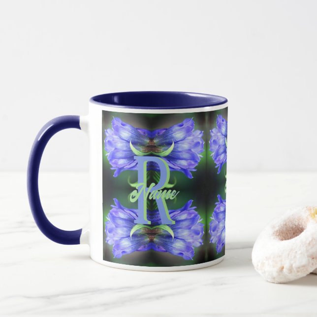 Custom Monogram Initial Name Gentian Floral Art Mug (With Donut)