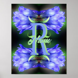 Custom Monogram Initial Name Gentian Floral Art Poster