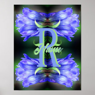 Custom Monogram Initial Name Gentian Floral Art Poster
