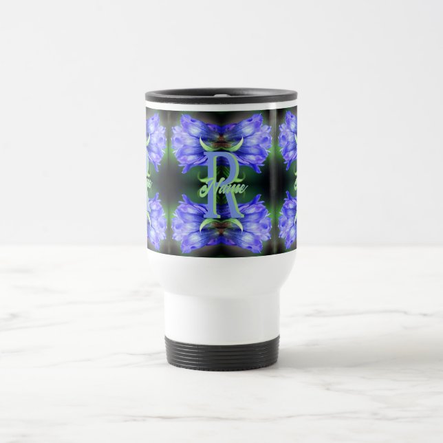 Custom Monogram Initial Name Gentian Floral Art Travel Mug (Center)