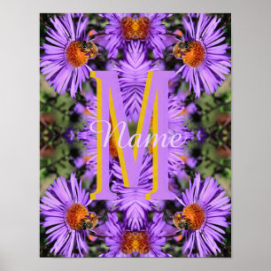 Custom Monogram Initial Name Honeybee Aster Art Poster