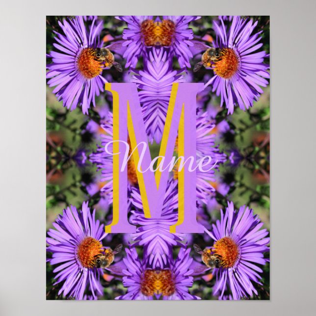 Custom Monogram Initial Name Honeybee Aster Art Poster (Front)
