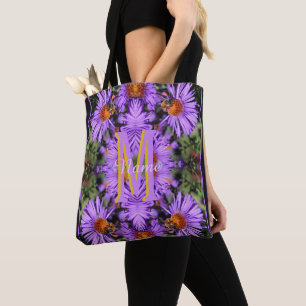 Custom Monogram Initial Name Honeybee Aster Art Tote Bag
