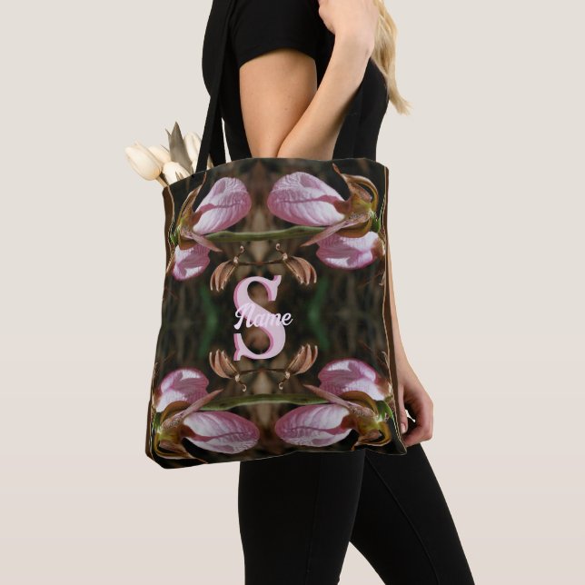 Custom Monogram Initial Name Lady Slipper Flowers Tote Bag (Close Up)