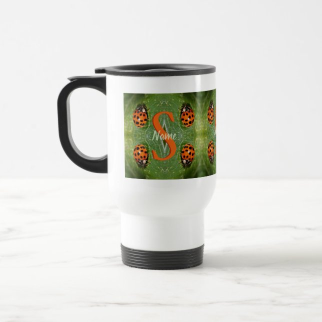 Custom Monogram Initial Name Ladybug Art Travel Mug (Left)