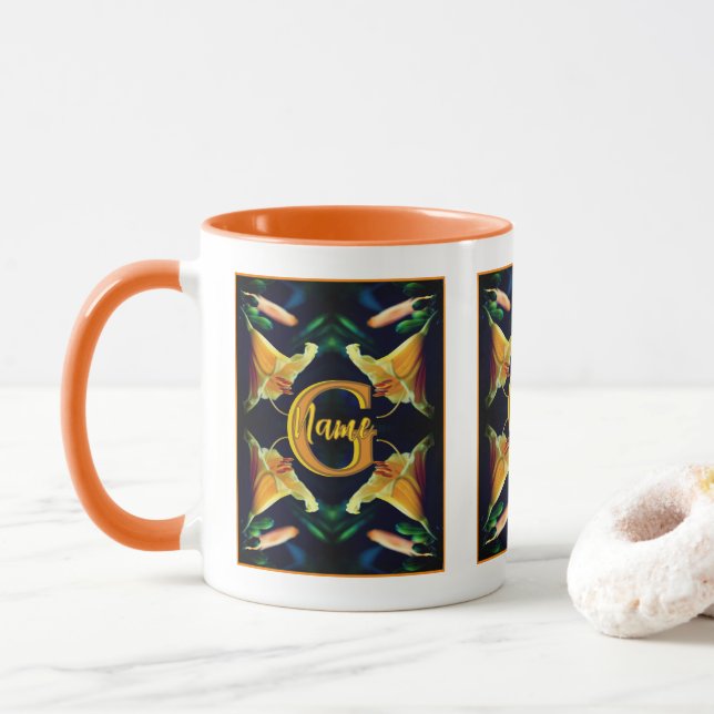 Custom Monogram Initial Name Lily Flowers Mug (With Donut)
