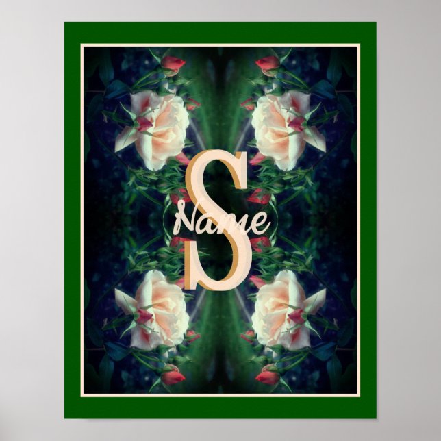Custom Monogram Initial Name Peach Rose Poster (Front)