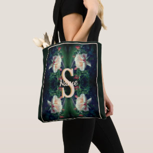 Custom Monogram Initial Name Peach Rose Tote Bag