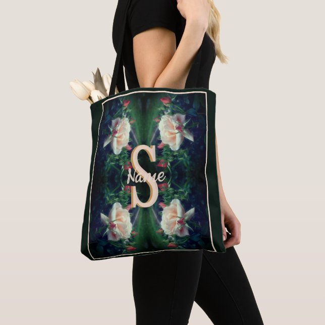 Custom Monogram Initial Name Peach Rose Tote Bag (Close Up)