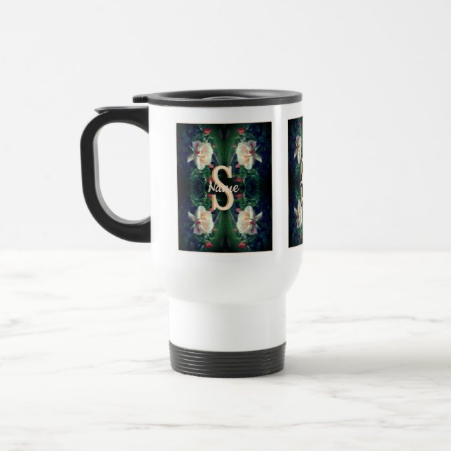 Custom Monogram Initial Name Peach Rose Travel Mug (Left)