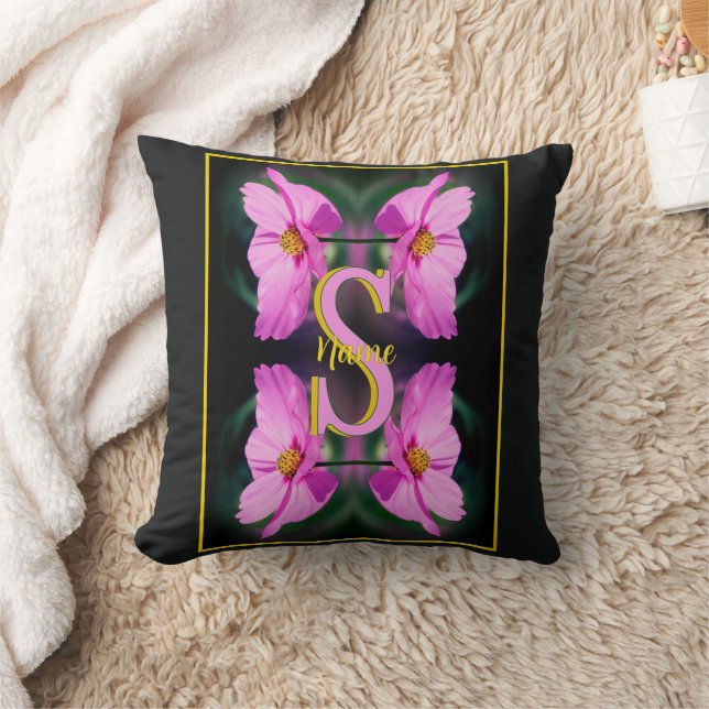 Custom Monogram Initial Name Pink Cosmos Cushion (Blanket)