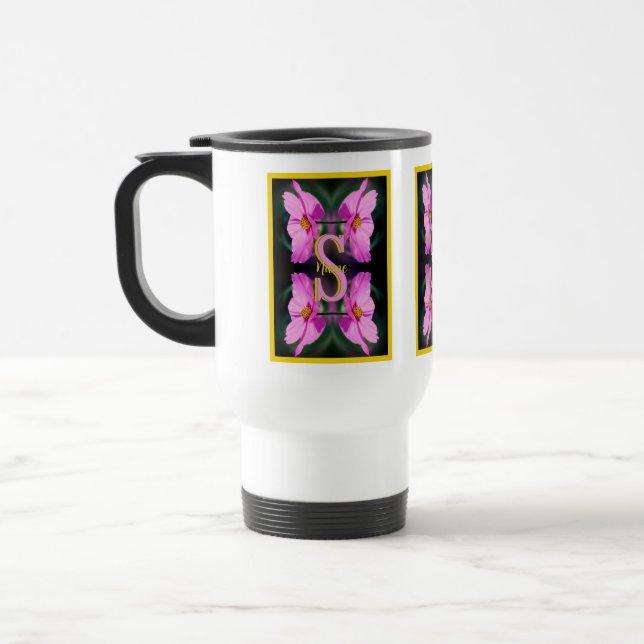 Custom Monogram Initial Name Pink Cosmos Travel Mug (Left)