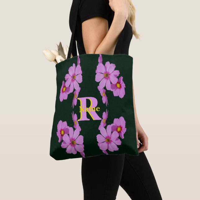 Custom Monogram Initial Name Pink Daisy Art Tote Bag (Close Up)